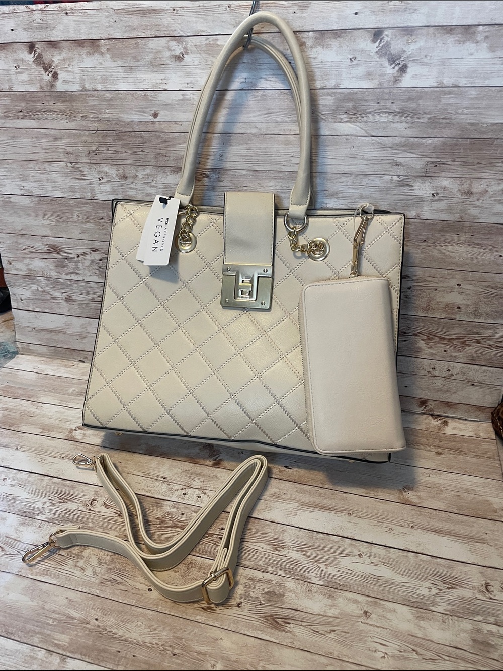 Cream Quilted Vegan Tote with Detachable Wallet